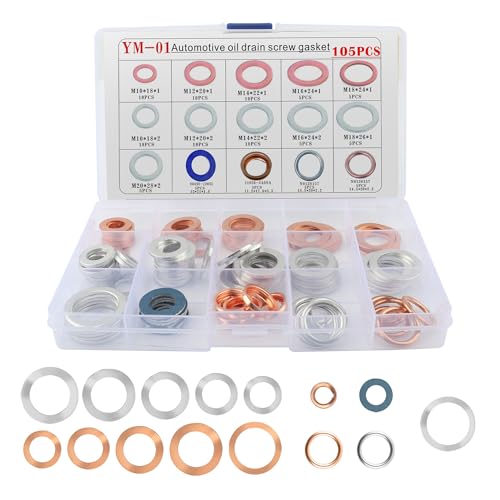 105PCS Car Oil Drain Plug Gaskets Assortment Car Parts Replacement Crush Washer Oil Drain Plug Kit 15 Sorts for Sealing Connections ID M10 M12 M14 M16 M18 M20 Crush Washer Assortment
