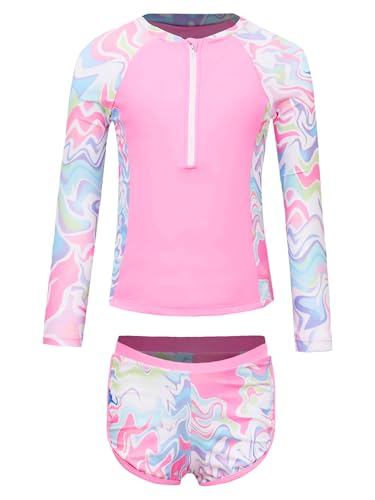 TiaoBug Kids Girls Floral 2 Pcs Rash Guard Sets Zip Neck Swim Shirts with Shorts Swimsuits
