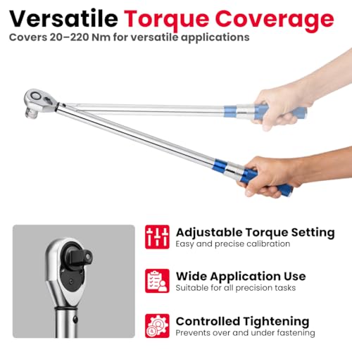 Image of JPT 1 /2 Inch Heavy Duty Drive Torque Wrench 20-220 Nm Adjustable with Reinforced Gear, Forward /Reverse Ratchet & Ball Lock Design - Automotive Torque Wrench for Car Wheels, Bike & Workshop Use
