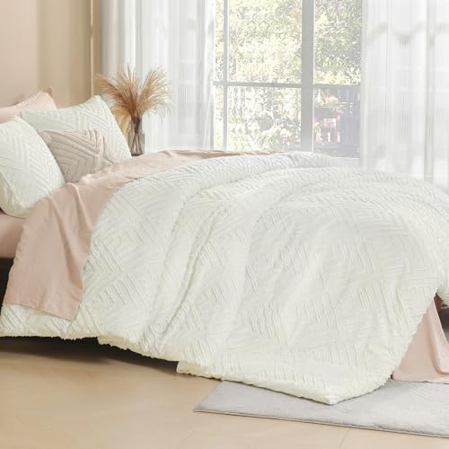 Image of Litanika Ivory King Size Comforter Set, 3 Pieces Tufted Boho Farmhouse Bedding Comforter Sets, Lightweight Fluffy Comforter Bed Set for All Season (104x90In Comforter and 2 Pillowcases)