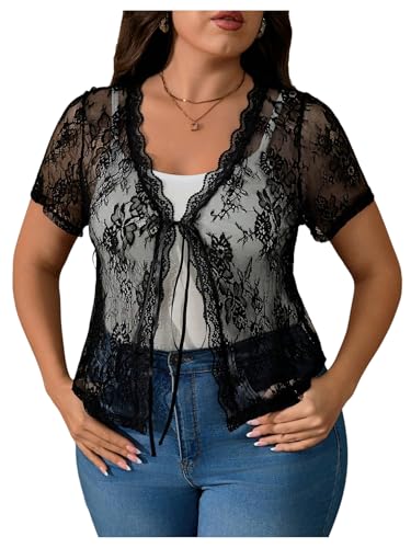 SweatyRocks Women's Plus Size Short Sleeve Sheer Floral Lace Tie Front Mesh Bolero Shrugs Crop Cardigan Top4