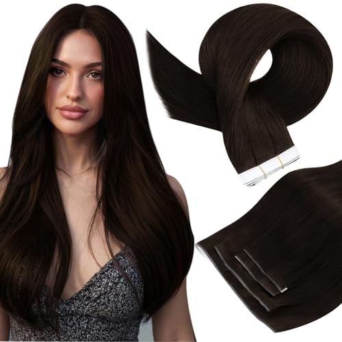 Image of Full Shine Genius Weft Hair Extensions Human Hair, Darkest Brown 22 Inch | 120g 4 PCS, Invisible Hand Tied Tape in Extensions, Secure Weft Design, Thick Ends, Silky Texture, Event Ready Styles