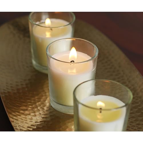 Image of Hosley 20-Pack Ivory Unscented Votive Candles in Clear Glass Holders - Long Burn Time Hand Poured Wax for Weddings and Home Decor
