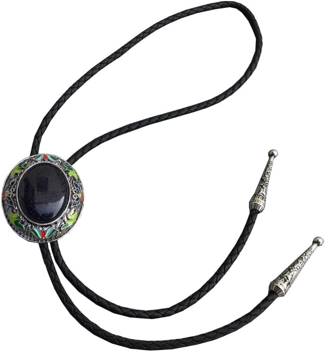 Artistic Bolo Tie for Men Women, Blue Sandstone & Colorful Enamel Round Medallion, Bohemian Western Faux Leather Cord Necktie