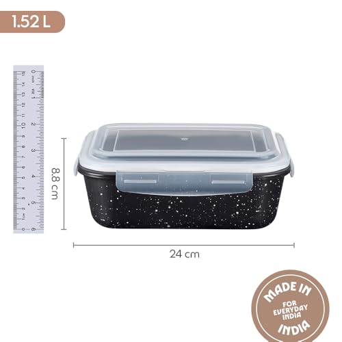Image of Borosil 1.52 L Pebble Black Food Storage Container with Air Tight Lid | Rectangle Shape Borosilicate Glass Organiser | Microwave & Dishwasher Safe | For Fridge, Kitchen Storage