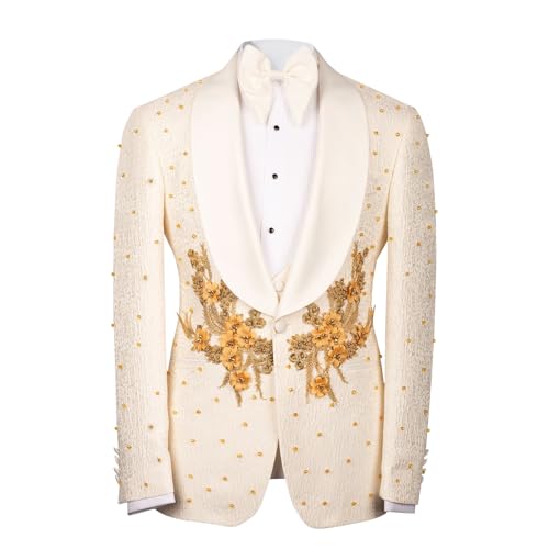 Men's Gold 3D Flower Applique Beaded Tuxedo Slim Fit Shawl Lapel Single Breasted Blazer for Dinner Prom Wedding