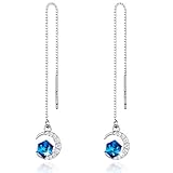 CRYSLOVE 925 Sterling Silver Earrings for Women Sweet Mini Blue Crystal Moon Pendant Earring Needle Drop Threader Pull through Dangle Earrings Best Choice for Mother's Day Valentine's Day
