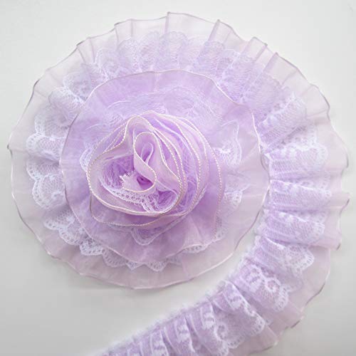 10 Yard Pleated Organza Lace Edge Trim Ribbon 1-1/2 Inch Wide Assorted Colors Trimming Ruffle Fabric Embroidered Sewing Craft Wedding Bridal Dress Party Decoration Clothes Embellishment (Purple) #TOP3