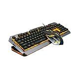 HOMSFOU 黄色バックライト搭載接続クールゲーミングメカニカルキーボードと高弾性浮遊式ゲームマウス 金属パネル耐久設計多機能ショートカットキー付き