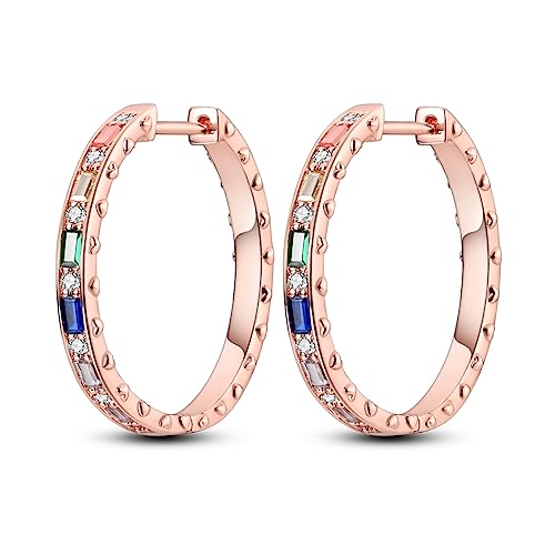 NARMO 925 Sterling Silver Rose Gold Plated Hoop Earrings for Women Colorful Cubic Zirconia Hoop Earrings
