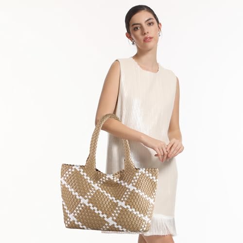 Image of Woven Tote Bag Womens Purse Vegan Leather Shoulder Handbags Fashion Summer Beach Tote Bags Large Travel Totes