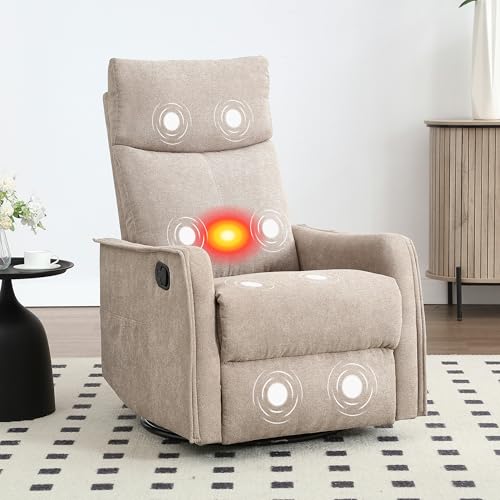 Massage Rocker Swivel Recliner Chair for Adults, Manual Recliner Glider with Lumbar Heating, Technical Flannel Fabric Nursery Glider Rocking Chair with Vibration Massage for Living Room - Khaki