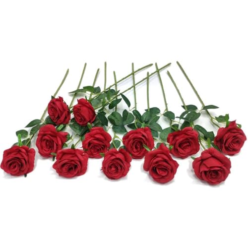 Laelfe 12 Pcs Rosas Artificiales Rojas, 21in Realista Largo Tallo Flores Rosas Rojas Artificiales para Bodas Hogar Jardín Fiestas Hoteles Decoración (Rojas)