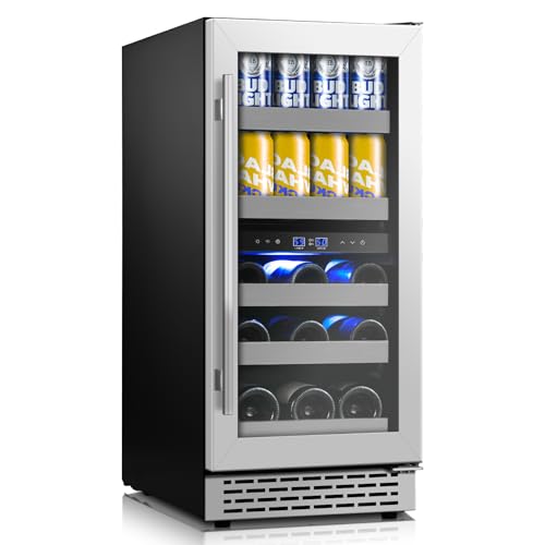 VINECOLD 15 Inch Wine and Beverage Refrigerator,13 Bottle & 48 Cans Dual Zone Beverage Fridge with Reversible Glass Door,Freestanding/Under Counter Wine Fridge with 360 Air Cooling for Home Bar Office