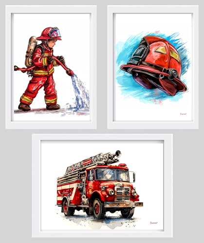 Originalys Ensemble de 3 affiches A4 de Pompier, Camion de Pompier et casque. Décoration pour...
