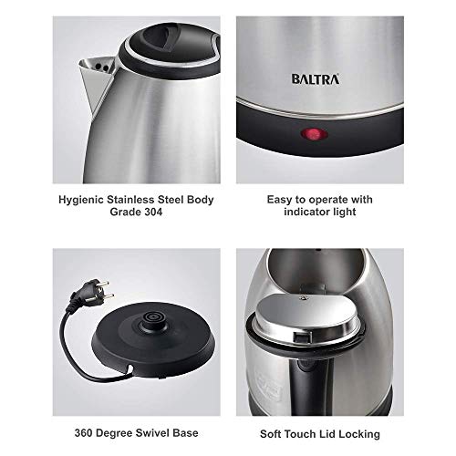 Image of BALTRA Electric Cordless Fast Kettle 1350W | 304 Stainless Steel, Food Grade, Fast Boil, Auto Power Off, Concealed Heating, Heat-Resistant Handle, Travel-Friendly Hot Water Kettle (1.8L Capacity)
