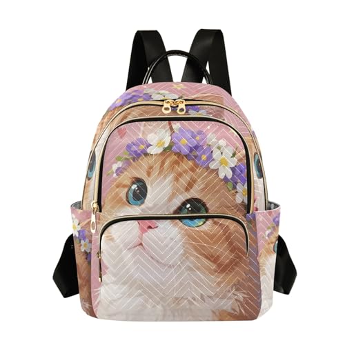 Nexawaveo Mochila acolchada para mujer, bolsa de mano para laptop de 14 pulgadas, ligera, mochila de trabajo, bonita construcción de hotel, Lindo gatito con flores moradas, pequeño, Mochilas de