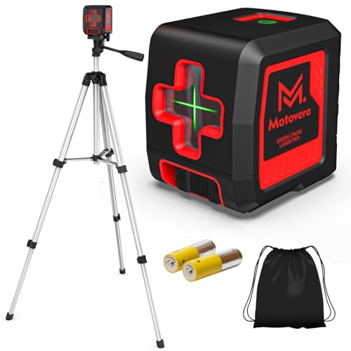Motovera Laser Level with Tripod, 100 feet Green Cross Line Self Rotary Leveling Laser Level, 4 Brightness Adjustment, Manual Self leveling and Pulse Mode,IP54 Waterproof Battery Carrying Bag Included