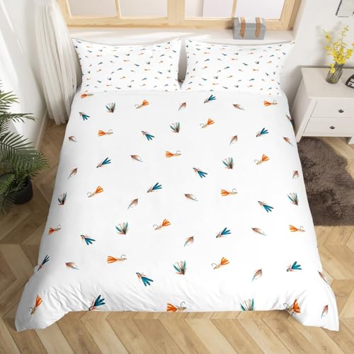 jejeloiu Fish Bedding Duvet Cover Set Toddler Size Fish Hook Fishing Theme Bedding Set for Kids Boys Girls Decor Sea Animal Comforter Cover Set Marine White Bedspread Cover,No Comforter