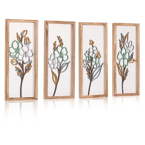 3D Wooden Framed Floral Wall Decor 16 inch Ready-to-Hang Wall Art Set Stylish Painting for Bathroom Living Room Kitchen Boho Botanical Farmhouse Decorations Gift Idea