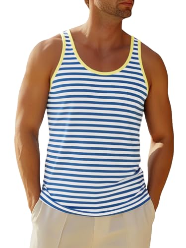 Runcati Mens Workout Tank Tops Casual Striped Sleeveless Muscle Shirts Cotton Gym Stretch Tee Shirt Blue
