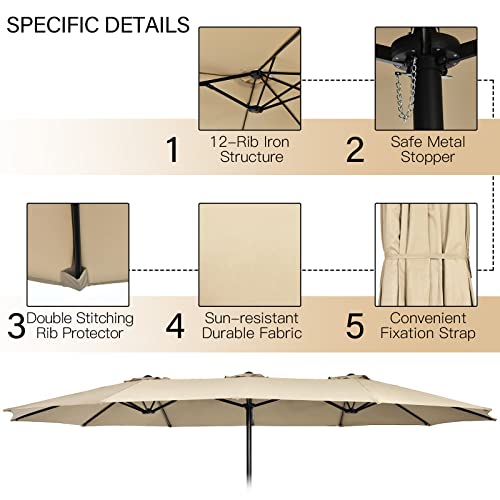 Image of Tangkula 15FT Double-Sided Patio Umbrella with Base, Extra-Large Market Umbrella W /Crank System, Outdoor Twin Umbrella W / 12-Rib Metal Structure & Air Vents for Garden, Backyard, Poolside (Beige)