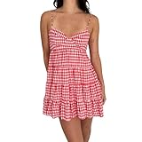 Women Summer Plaid Mini Dress Casual Y2k Gingham Spaghetti Strap Going Out Outfit Cute Flowy Swing Loose Fit Clubwear Red