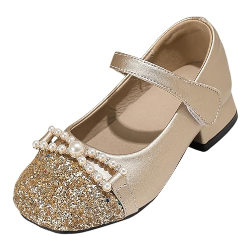 IWIHMIV Girls Dress Shoes Slip on Flower Girl Low Chunky Heel Mary Jane Leather Shoes for Party Wedding Performance