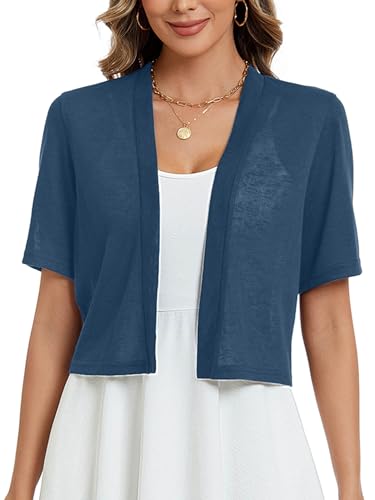 Image of Heymoments Women Thin Shrugs Short Sleeve Lightweight Cropped Tops Open Front Knitted Cardigan for Dress Summer Bolero