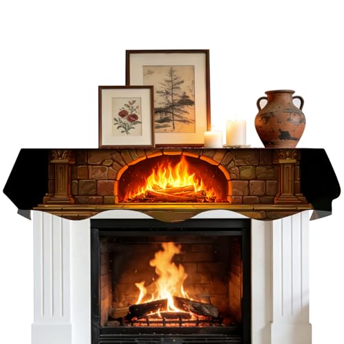 Nuxovilar Mantle Scarf Fireplace Tablerunner Decorations - Cozy Stone Fireplace Flame Polyester Short Pile 78.7x19.6 Inches, Rustic-Themed Mantle Scarf for Fireplace Decor, Cabin, Winter Evenings