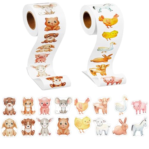 2Rolls Farm Animal Stickers for Kids, 1000PCS Round Stickers for Toddlers Ages 2-4, 16 Designs Farm Cute Cat Dog Pig Teaching Supplies for Classroom Reward Motivational