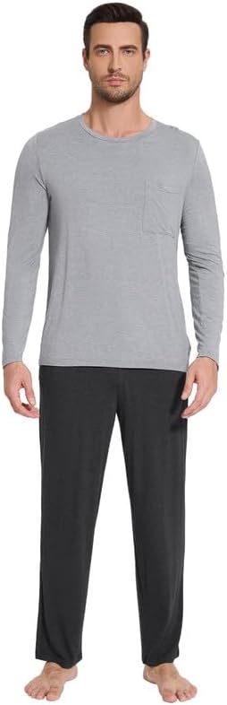 WiWi Pajamas for Men Viscose Bamboo Super Soft Long Sleeve Pj Set Cooling Crew Neck Loungewear with Pockets S-XXL