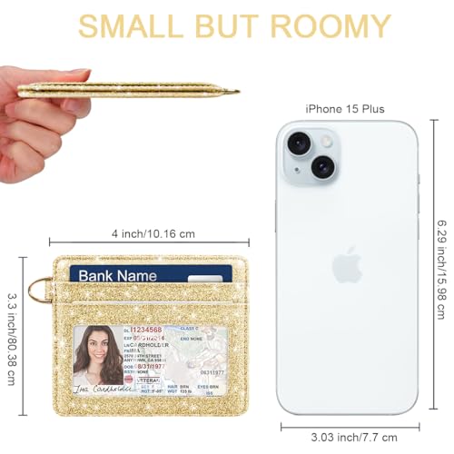 Image of Slim Credit Card Holder Glitter Leather Small Wallet Women Thin Cards Holders RFID Blocking Minimalist Lightweight Small Cute Card Holders for Women, Glitter Golden