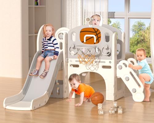 Image of 67i Toddler Slide for Toddlers 1-3 Slides for Kids Toddler Indoor Playground for Kids 1-3 Baby Slide with Basketball Hoop Tunnel Telescope Outdoor Indoor Toddler Playset Slide Set (Beige Grey)