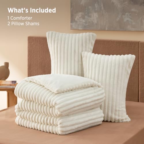 Bedsure Fluffy Comforter Set Queen Size, Cream White, 3 Piece | Warm Plush Fleece & Flannel Winter Bedding, Soft Faux Fur Comforter with 2 Pillowcases, Gift Choice, Room Decor - image 6