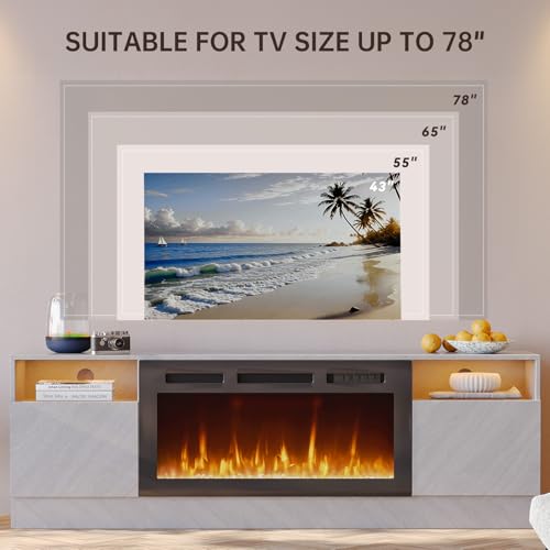Image of MXV 70 inch Fireplace TV Stand for TVs Up to 80 inch, LED Light Entertainment Center with 36 inch Electric Fireplace, Modern Wood Texture TV Media Console with Highlight Storage Cabinet, Grey-Black