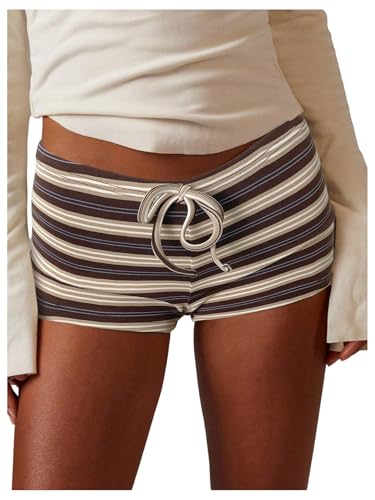 Image of GORGLITTER Women's Striped Low Elastic Waist Mini Shorts Tie Front Skinny Summer Hot Shorts Brown Medium