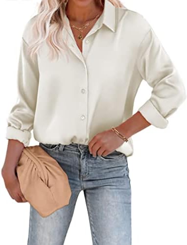 Beyove Damesblouse van satijn, zijde, V-hals, elegant, lange mouwen, zakelijk bovenstuk met knopen, tops, los shirt met lange mouwen, Beige, XL