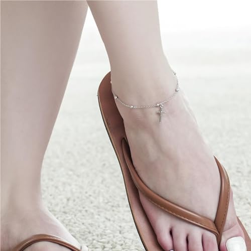 Image of CHIC & ARTSY 925 Sterling Silver Ankle Bracelets for Women, Adjustable Double Layer Chain Anklets, Minimalist Lightweight Foot Jewelry for Beach & Everyday Wear