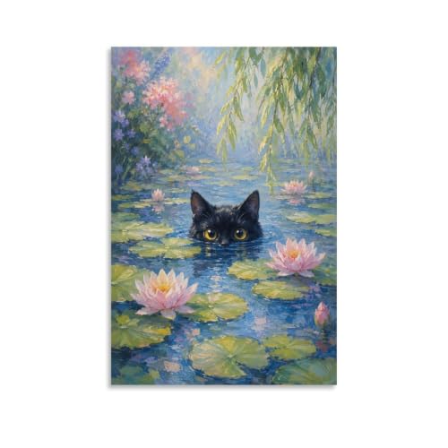 Póster de estanque de lirios con gato negro en impresión artística de 16x24 pulgadas