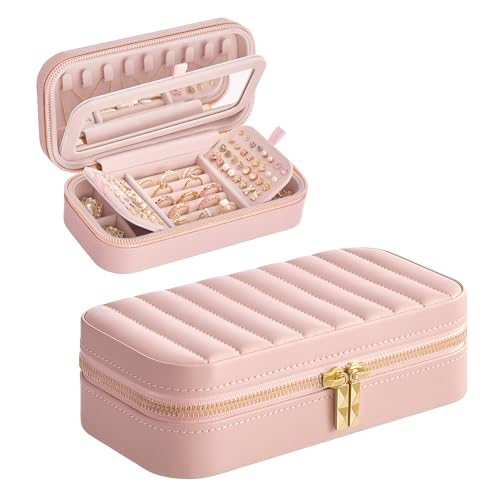 Image of SONGMICS HOME Travel Jewelry Case with Mirror, Stitching, Portable | Jewelry box organizer, 4.1 x 8 x 2.4 Inches, Gift Idea, Jelly Pink, UJBC180S01