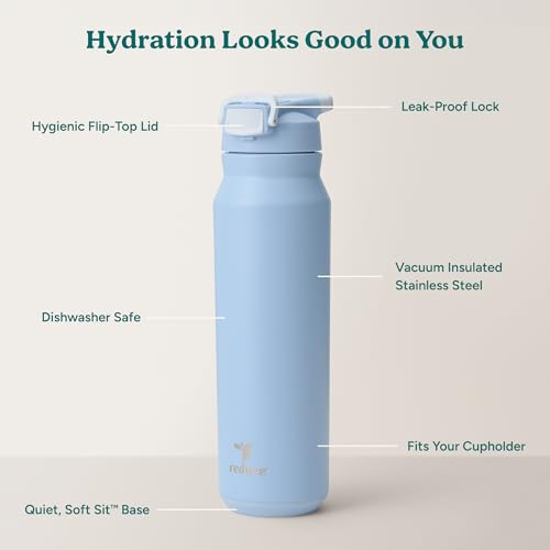 Image of REDUCE 32 oz Hydrate Pro Stainless Steel Insulated Water Bottle - Flip Top Leak-Proof Lid, Dishwasher Safe, BPA-Free, Dual Wall Vacuum, Keeps Drinks Cold for 48 Hrs, Cup Holder Friendly - Glacier