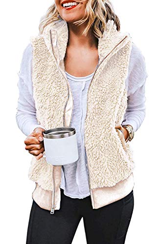Yanekop Womens Fuzzy Fleece Zip Up Vest Sleeveless Sherpa Jacket Fluffy Warm Outerwear(Beige,L)