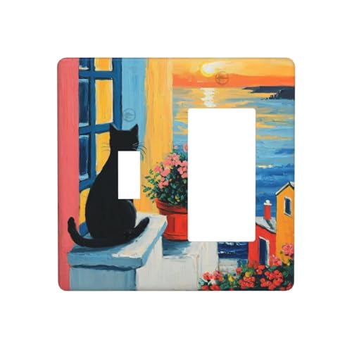 Decorative Outlet Covers Vintage Oil Painting Style Black Cat Sea Flowers 2 Gang 1 Gang Wall Plate Cover Single Toggle Rocker Combo Light Switch Cover Plate Face Plate for Home Decor