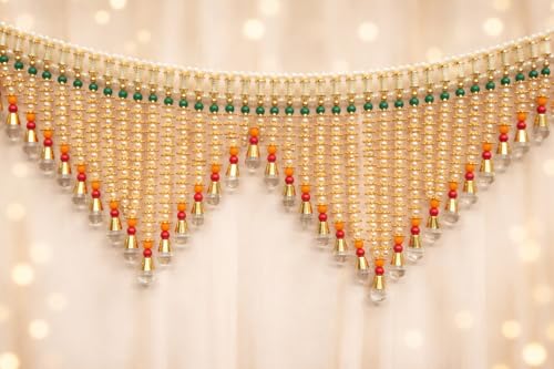Image of Traditional Golden Beads Toran for Door | Green & Red Accent Bandarwal with Hanging Bells | 3 Feet Length, 7.5 Inch Height | Festive Door Decoration for Diwali, Pooja, Wedding & Griha Pravesh