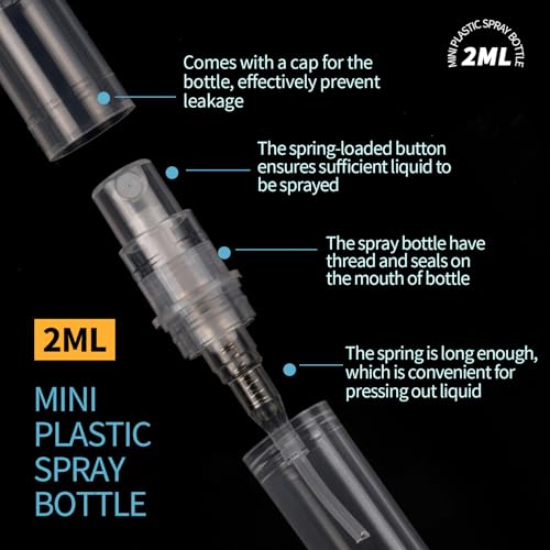 Fandamei Mini Spray Bottle, 60PCS 2ml Mini Clear Plastic Spray Bottle Empty, Fine Mist Refillable Mini Perfume Bottle. Small Empty Sample Containers Bottle. 2ml, 60 Pack, Clear, FANL-093