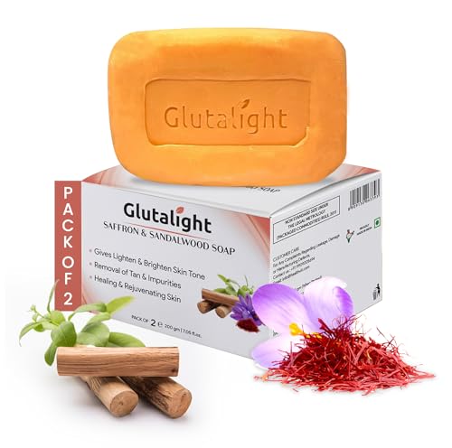 Glutalight Saffron & Sandalwood Soap |Glutathione |Tan Removal |Hydrates, Soothes & Cleanses Gently |Fades Pigmentation & Dark Spots |Bathing Soaps Combo Offers |For All Skin Types - Pack of 2