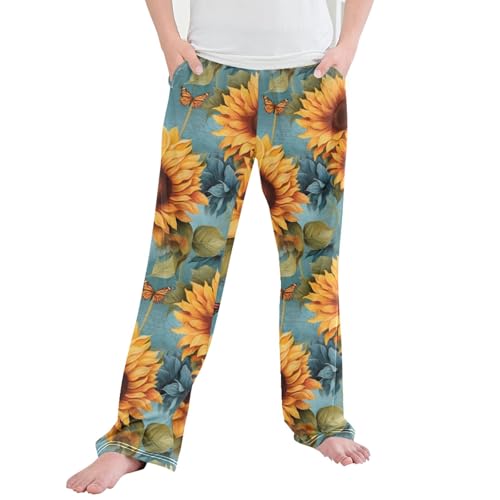 Sunflower Butterfly Long Pajama Pants Elastic Waist PJ Bottoms with Pockets S A111076