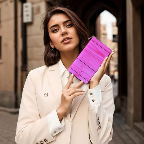 Leather Thin Slim Wallets for Women & Men - Pink Bright Wood Grain Print Card Wallet Holder with Zipper 6