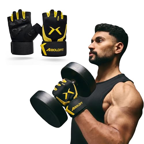 Image of Boldfit Gym Gloves for Men Workout Unisex Cushion Hand Gloves for Gym for Men & Women for Cycling, Weightlifting, Workout Comfortable Fit Bike Riding, Cycling Handgloves - Apexgrip Black Yellow S